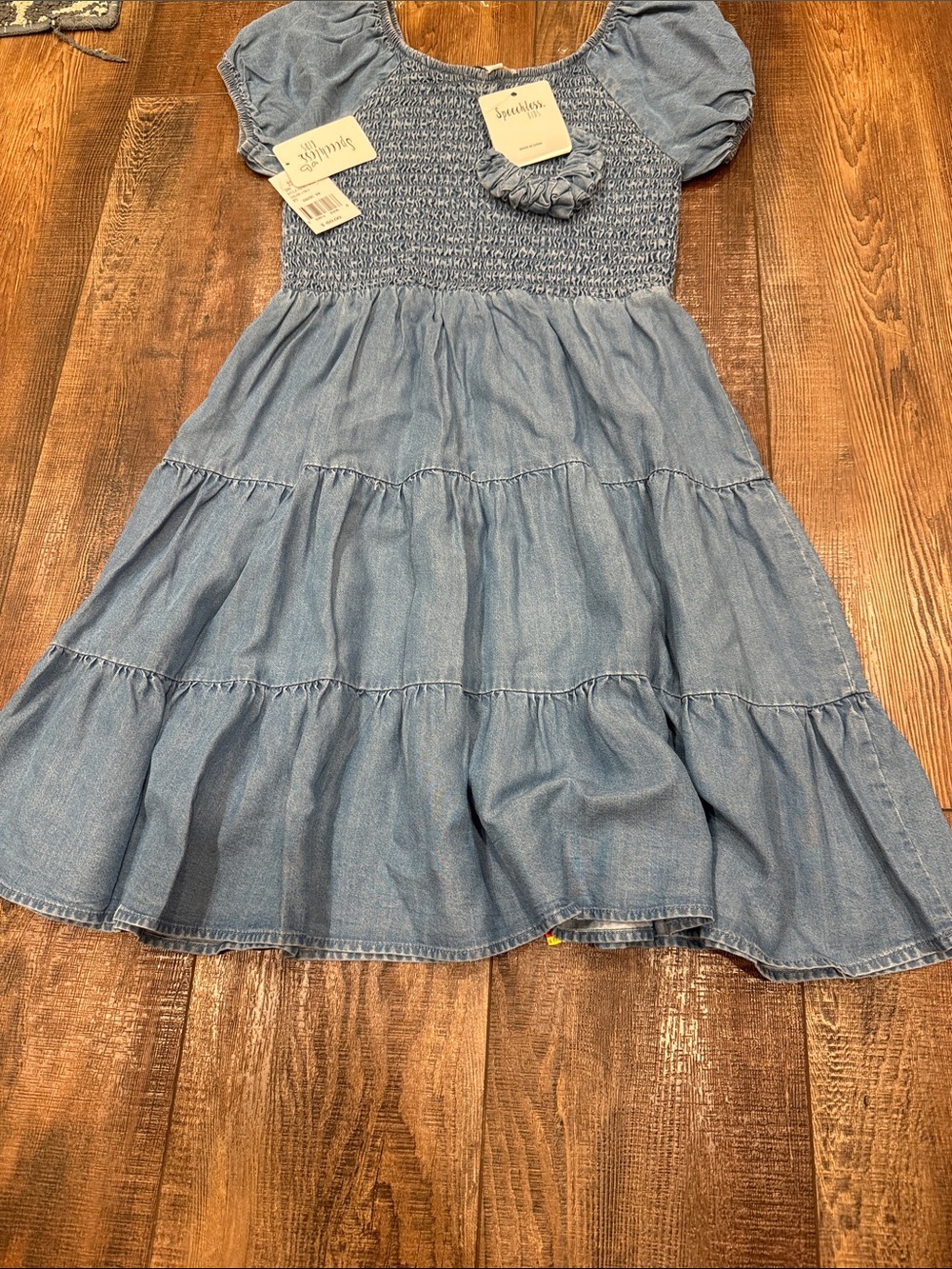Speechless Kids Smocked Chambray Tiered Kids Dress - with Scrunchie
